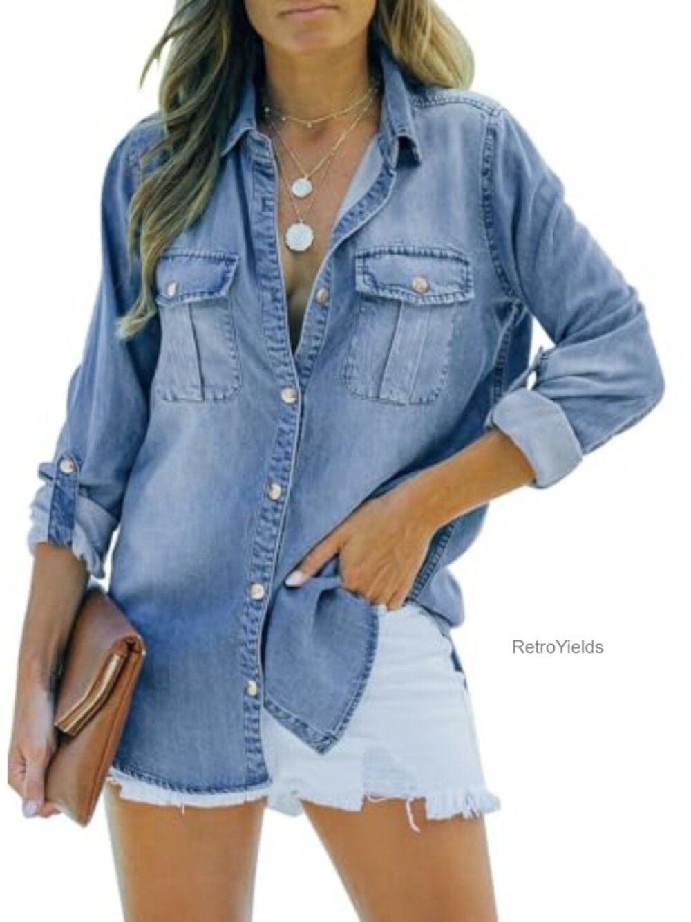 Women's Denim Jean Shirt Long Sleeve Button Down Casual Shacket